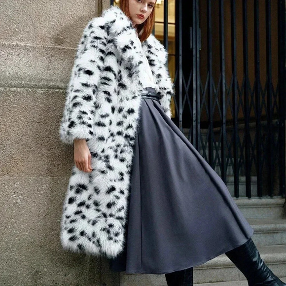 White Casual Women's Faux Fur Collar Mid-Long Leopard Print Fluffy Warm Coat - Picture 4 of 4